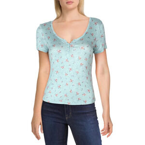 NWT Hippie Rose Blue Floral Short Sleeve Thermal Henley Top Women's Size XL